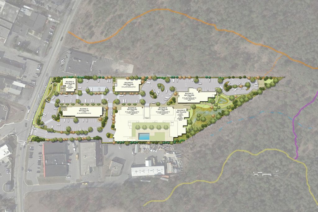 Digital mockup of the layout of the Bluestem development near Lake Roland. Includes forest area that connects to Lake Roland Park, shopping and residential areas.